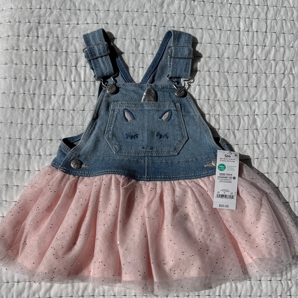 Denim Overall Dress with Pink Tulle Skirt